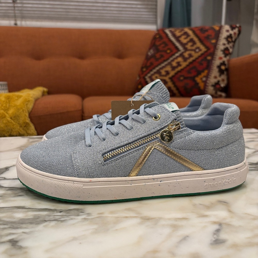 KOKOLU Daily Knit Sneakers Shimmer Light Blue Gold Side Zipper Size 10